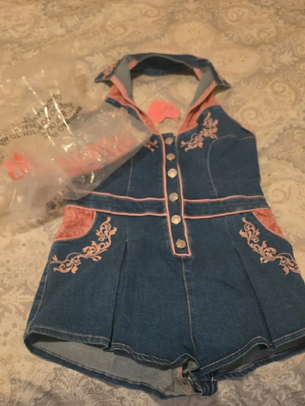Dolls Kill Denim Romper with Pink Embroidery - Picture 4 of 4